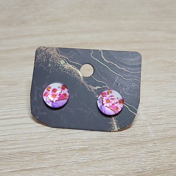 Handmade Silver Tone with Pink Flowers Earrings Fashion Jewelry #89 - Picture 1 of 6